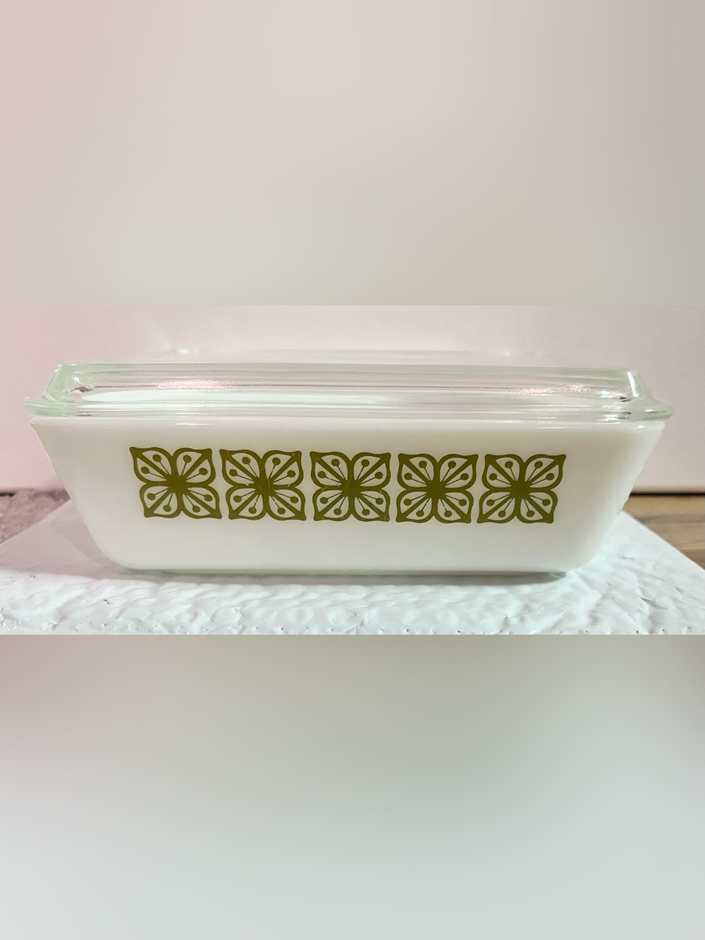 Vintage PYREX - Verde Green Square Flower - 0503 Refrigerator Dish With Lid